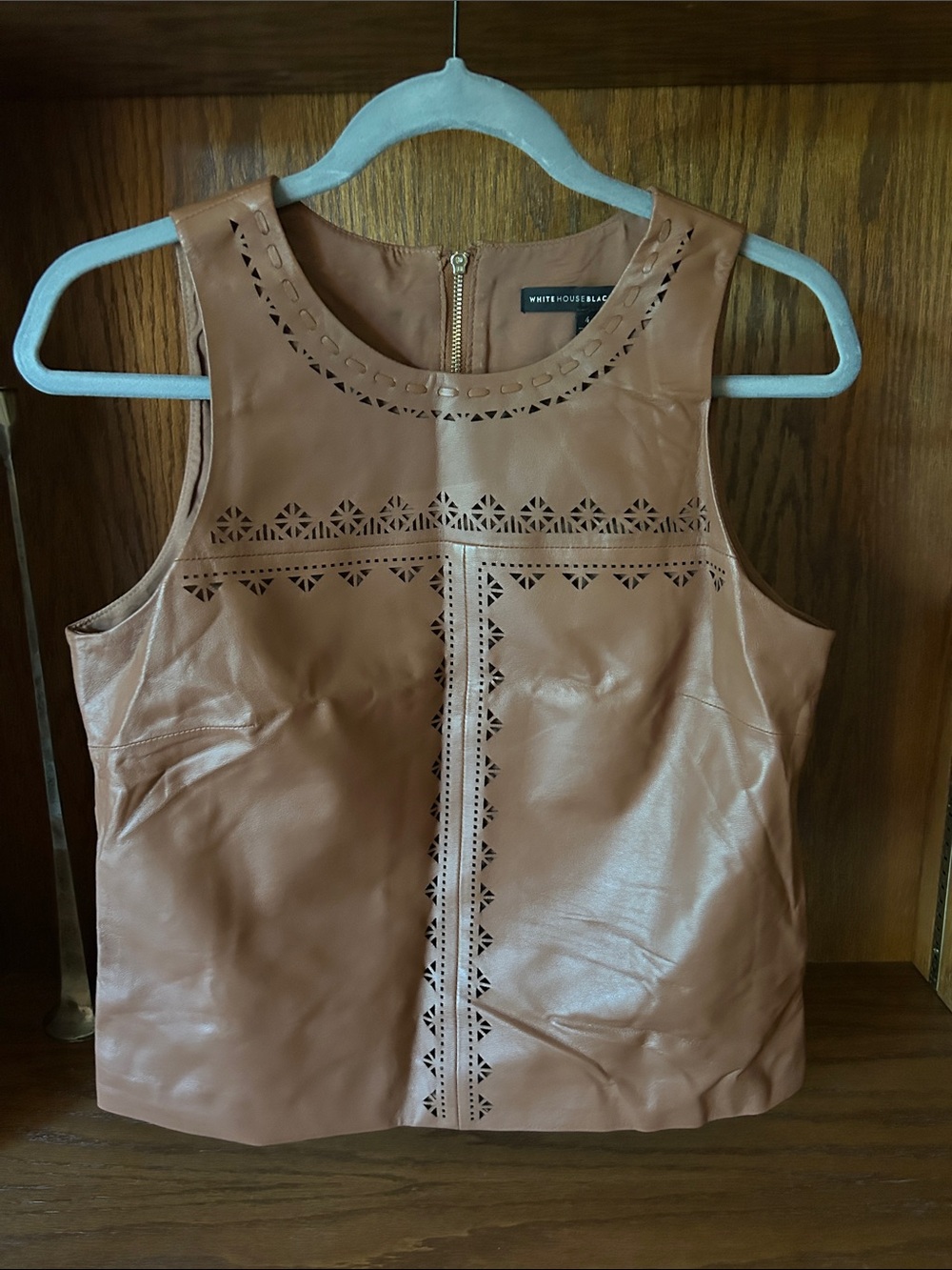 White House Black Market Taupe Laser-Cut Leather Top